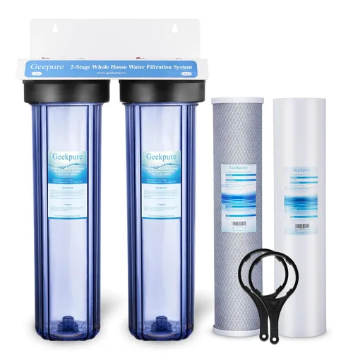 Geekpure Sistema de filtro de agua para toda la casa de 2 etapas con carcasa de filtro transparente grande de 20 pulgadas -1 pulgada NPT