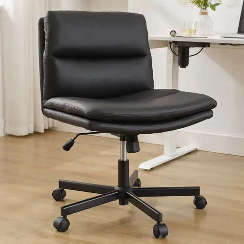 Okeysen Silla cruzada con ruedas, asiento ancho sin brazos, patas cruzadas, cómoda silla de escritorio de oficina, silla de escritorio de piel Negro