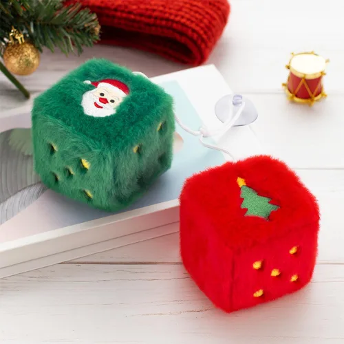 Miniatura 4 de Dados peludos de Navidad para espejo retrovisor del automóvil, diseño bordado de Papá Noel y árbol, decoraciones colgantes de felpa roja y verde