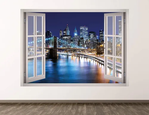 Calcomanía de pared de la ciudad de Nueva York, decoración artística 3D de puente de ventana, mural para habitación de los niños, regalo