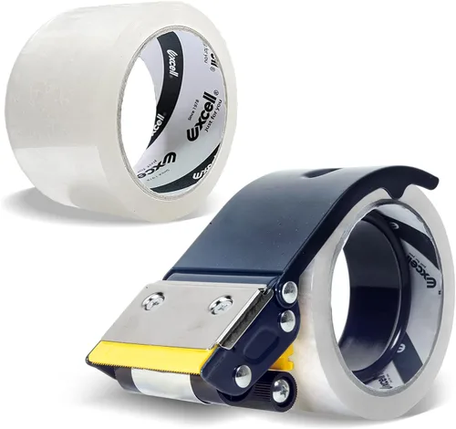 Excell ET-22686 Dispensador de cinta de embalaje de metal antirretorno (2 pulgadas de ancho) con 2 rollos de cintas para embalaje, transporte,