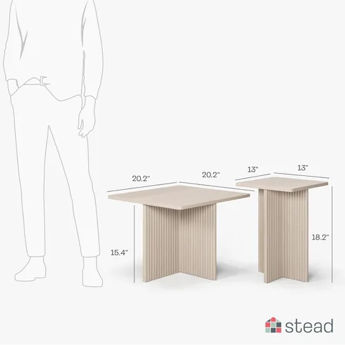 Miniatura 2 de Stead Juego de mesa auxiliar cuadrada anidable, mesa central con base de roble acanalado para sala de estar, juego de conjunto de chapa de grano