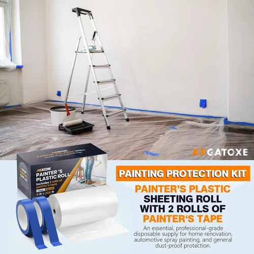 Miniatura 5 de Paños de plástico, película de plástico de pintor de 200 pies de largo x 9 pies de ancho con 2 rollos de cinta de pintor, láminas de pintor