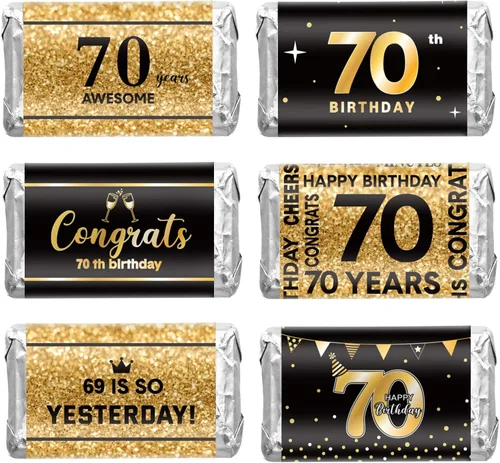 Tenare 180 calcomanías de cumpleaños número 70, color negro y dorado con texto en inglés "Cheers to 70" (Cheers to 70 años), para fiestas de