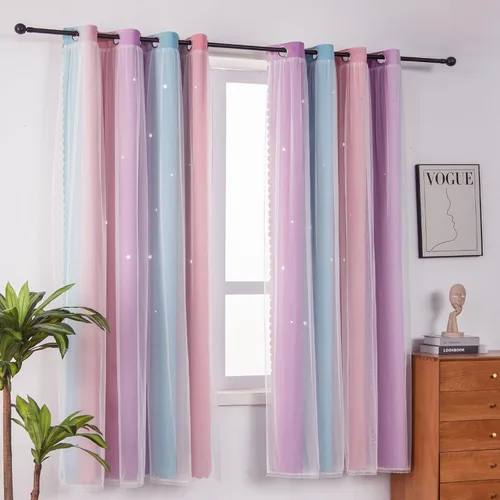 Miniatura 11 de FANLI 2 paneles de cortinas opacas de estrellas para dormitorio de niñas, sala de estar, rayas oscurecedoras, doble capa, estrellas caladas