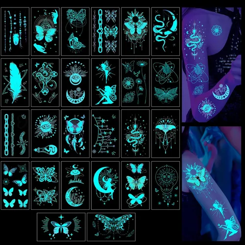 Mystic Boho - Tatuaje temporal – 26 hojas de flores de mariposa que brillan en la oscuridad, tatuajes temporales para mujeres y niñas, adultos,