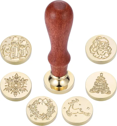 Miniatura 2 de Kit de sello de cera de Navidad Yoption, juego de 6 cabezas de sello de cera con 1 mango de madera para tarjeta de invitación de fiesta, decoración