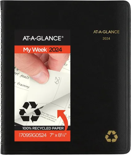 AT-A-GLANCE Agenda semanal y mensual 2024, libro de citas de un cuarto de hora, 7 x 8-3/4 pulgadas, mediano, reciclado, pestañas mensuales, negro