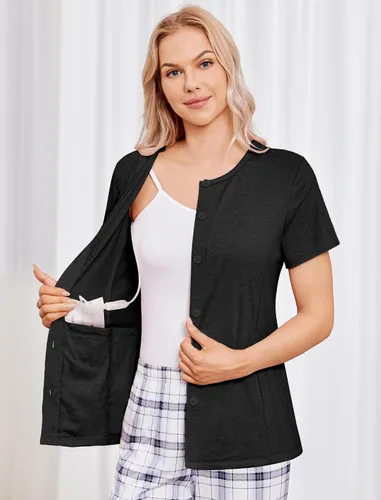 Miniatura 2 de Deyeek Camisas de mastectomía con bolsillos de drenaje para cirugía lateral de hombro para mujer, camisas de quimioterapia para acceso a puertos