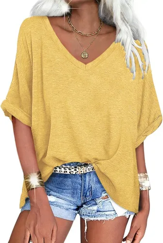 Miniatura 15 de UNCLECAT Camisetas de gran tamaño con cuello en V para mujer, camisas de manga corta de verano, holgadas, casuales