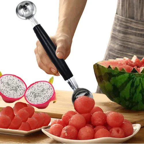 Miniatura 3 de Paquete de 2 cucharas de bola de helado de frutas de doble extremo, bola de melón de acero inoxidable, bolas de melón redondas lisas para sandía