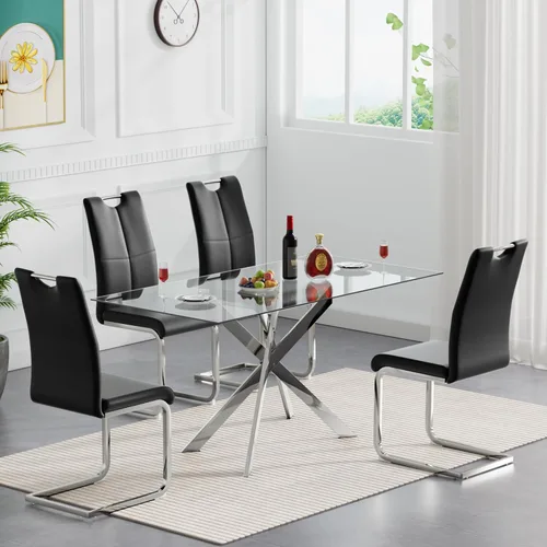 Miniatura 17 de Juego de mesa de comedor de cristal negro de 51 pulgadas para mesa de cocina de 4,5 piezas y sillas con patas de metal y 4 sillas de comedor de piel