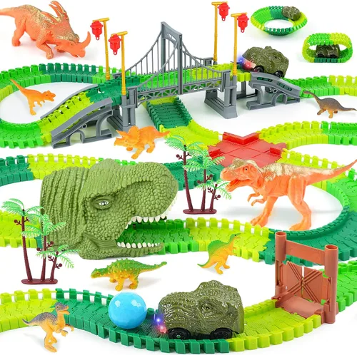 BEMITON Pista de autos de carreras de juguetes de dinosaurios, crea una carrera de carretera mundial de dinosaurios, juego de juguetes flexibles de