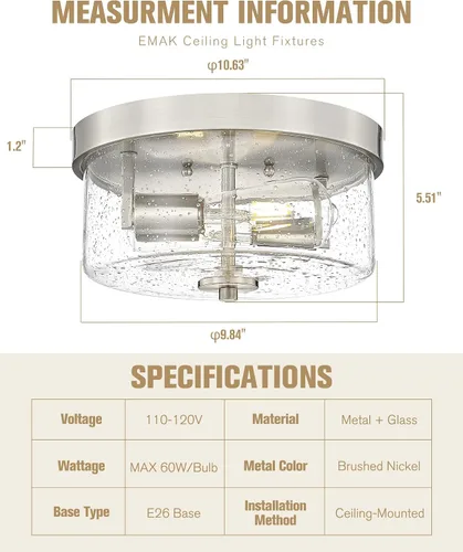 Miniatura 2 de Emak FM082-BN - Lámpara de techo de níquel cepillado de 2 luces, de 11 pulgadas, con pantalla de vidrio semillado para dormitorio, sala de estar