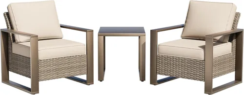 Miniatura 17 de Sofá de Mimbre Metálico para Patio de 75", Sofá Sillón de Ratán para Exteriores de 3 Asientos para Todo Tipo de Clima con Cojines Premium y Beige