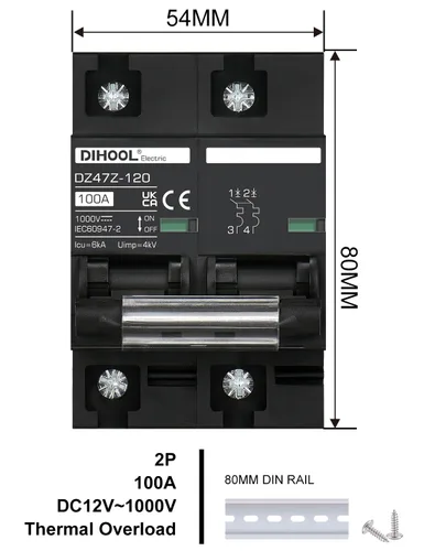 Miniatura 4 de DIHOOL Disyuntor DC Interruptor de desconexión solar de 100 amperios 2p 1000V para PV, UPS, batería de RV, montaje en carril DIN..