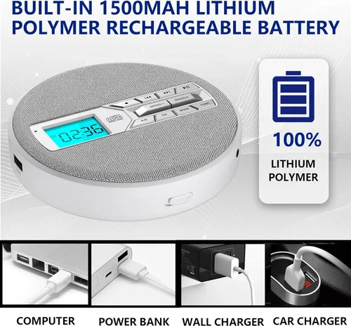 Miniatura 6 de Reproductor de CD portátil, reproductor de CD portátil recargable con altavoces duales y anti salto, CD, USB, AUX, pantalla LCD, botón sensible, 5