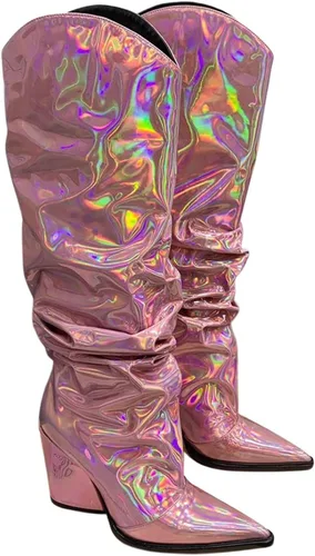 Miniatura 6 de Vertundy Botas altas hasta la rodilla metálicas con punta puntiaguda para mujer, botas altas de tacón alto de charol plisadas, botas largas plisadas