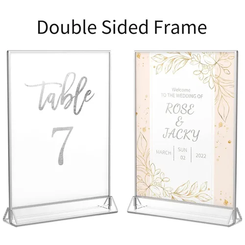 Miniatura 6 de NIUBEE Paquete de 6 soportes de acrílico transparente de 4 x 6 pulgadas con bordes plateados y soporte vertical, soportes de menú de mesa de doble