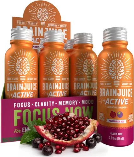 BrainJuice Disparo de apoyo cerebral, suplemento sin gluten para energía y concentración, bebidas saludables con Alpha GPC, vitamina B, 2.5 onzas
