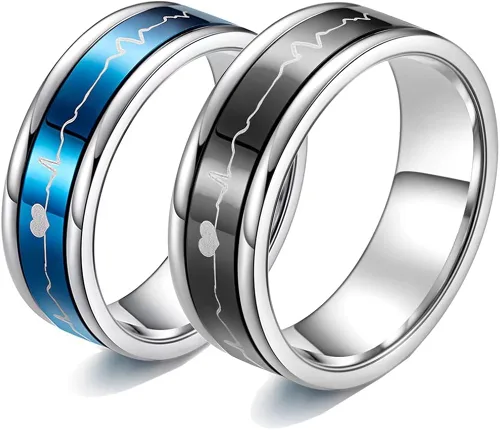 Romántico juego pareja anillos titanio acero boda bandas negro azul cómodo ajuste giratorio ECG Heartbeat su y su promesa regalos especiales