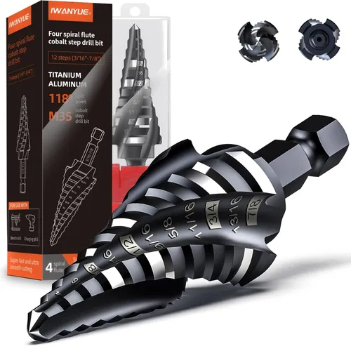 Miniatura 9 de Brocas escalonadas HSS de cobalto M35, broca escalonada de cobalto de cuatro flautas en espiral, 1/8"-7/8" (3 piezas) vástago hexagonal Unibit
