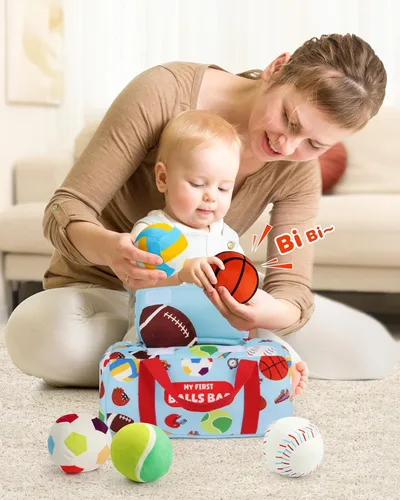 Miniatura 6 de Vanmor Pelotas deportivas sensoriales para bebés de 6 a 12 meses, paquete de 6 bolas de felpa lavables a máquina con arrugados, sonajeros, sonidos