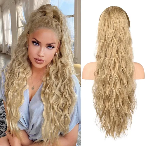 Miniatura 31 de FLUFYMOOZ Extensión de Cola de Caballo, Extensiones de Cabello de Cola de Caballo con Cordón de 26 Pulgadas para Mujeres, Postizo de Cabello