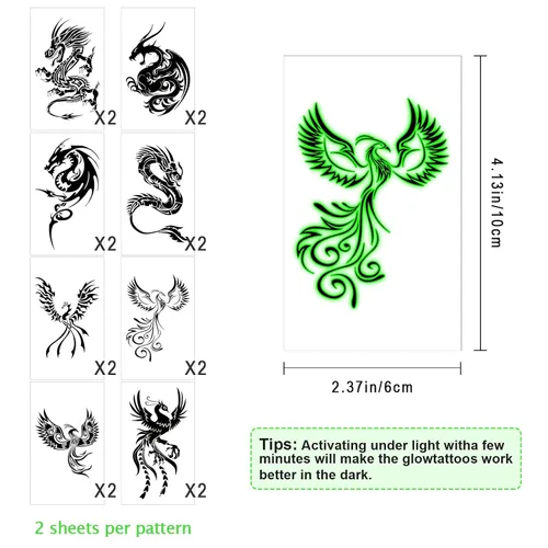 Miniatura 3 de 16 hojas de tatuajes temporales luminosos de dragón fénix que brillan en la oscuridad dragón decoración de fiesta de cumpleaños, suministros