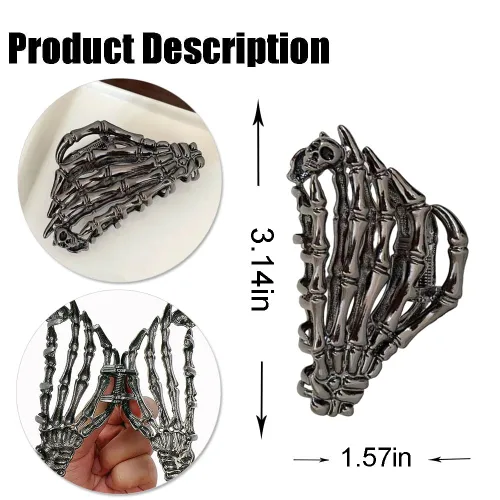 Miniatura 2 de Pinzas de pelo de mano de esqueleto de moda, grandes, sin arrugas, de metal, negro, punk, pasadores para mujeres y niñas, accesorios de peinado
