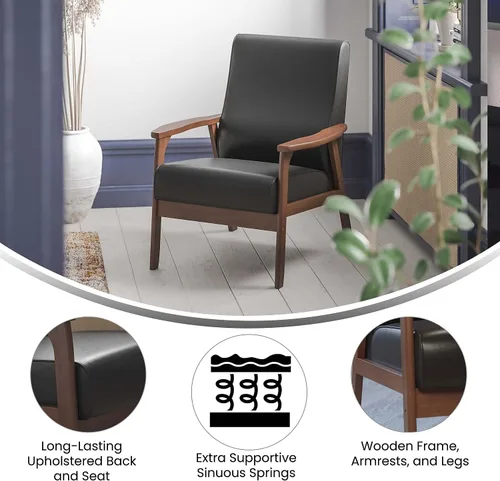 Miniatura 4 de Flash Furniture Langston Silla comercial moderna de mediados de siglo, tapicería LeatherSoft negra, marco y brazos de madera con acabado de nogal