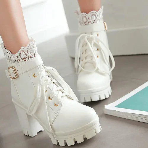 Miniatura 3 de BEAUPAS Botas de tacón alto con plataforma gruesa para mujer, botines góticos con cordones, tacón de bloque y hebilla, Blanco