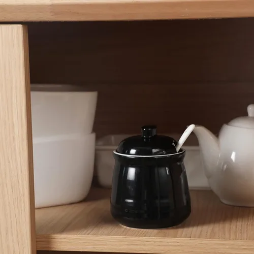 Miniatura 6 de Tazón de sal de porcelana con tapa y cuchara, azucarero de cerámica de 12 onzas (negro)