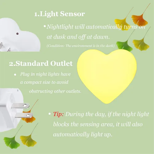 Miniatura 6 de Lindas luces nocturnas, luz nocturna en forma de corazón para guardería con sensores de luz, sensor automático de anochecer a amanecer, suave blanco