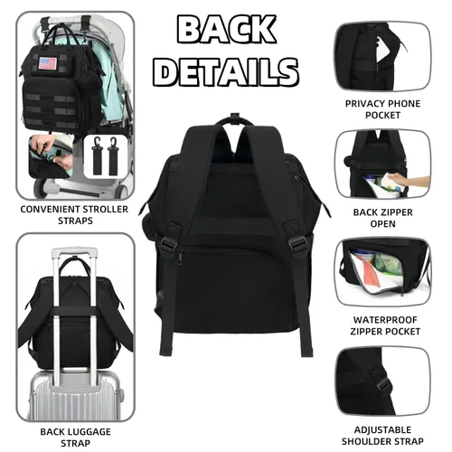 Miniatura 6 de ROSEGIN Mochila para pañales para papá y hombres, bolsa grande de viaje para bebé con cambiador, funda para chupete, parche de bandera extraíble