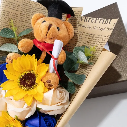 Miniatura 4 de Ansuma Ramo de flores de jabón perfumado de girasol rosa de graduación de 13 pulgadas, mini oso de peluche con tapa de graduación, arreglos Azul