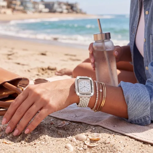 Miniatura 4 de compatible con Apple Watch de 1.496 pulgadas 1.575 pulgadas 1.654 pulgadas 1.732 pulgadas con funda para mujer, correa de metal con diamante
