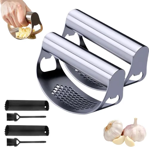 Balancín de prensa de ajo de acero inoxidable, herramienta ergonómica de alta resistencia con pelador y cepillo para aplastar ajo, abridor de 2Sets