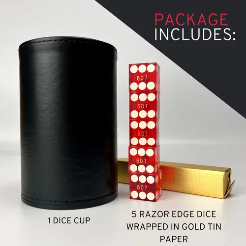 Miniatura 6 de Luck Lab Taza apilable de cuero negro con 5 dados de casino serializados con borde de maquinilla de afeitar de 0.748 in, taza recta profesional