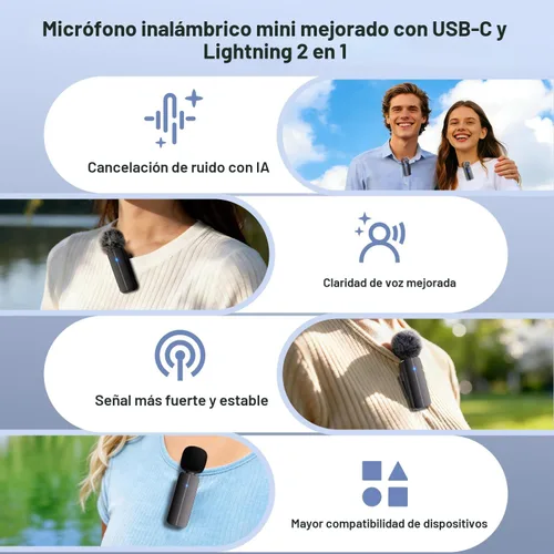 Miniatura 2 de Paquete de 2 micrófonos inalámbricos mini Lavalier de solapa para iPhone, teléfono Android (2 en 1) - micrófonos duales inalámbricos con clip de 65