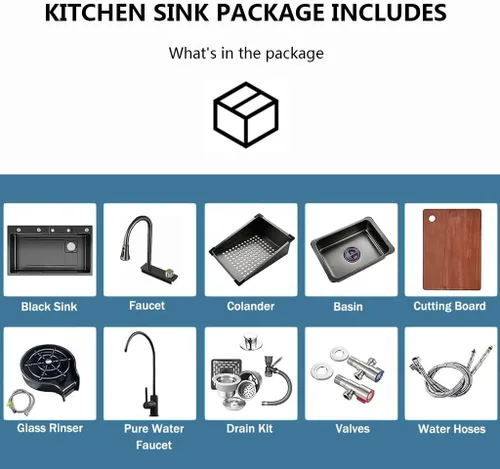 Miniatura 3 de Fregadero de cocina negro con cascada, fregadero de barra de acero inoxidable de un solo cuenco con lavavasos, fregadero de cocina de estación
