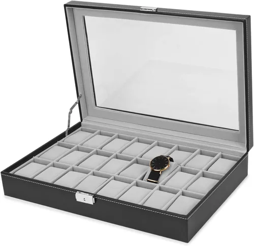 JS NOVA JUNS Caja de reloj, 24 ranuras para hombre, organizador de relojes con cerradura y tapa acrílica grande, piel sintética negra