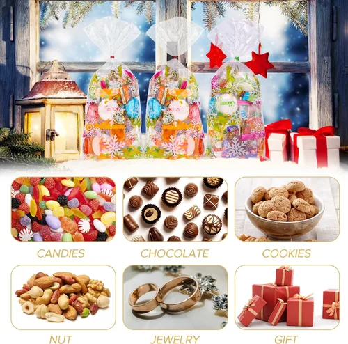 Miniatura 4 de FUSHENMU 120 bolsas de caramelo de celofán de copo de nieve, bolsas de celofán transparentes de Navidad con lazos giratorios para Navidad, fiestas