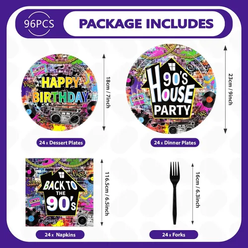Miniatura 2 de 96 piezas de suministros desechables para fiesta de los 90 de estilo casa, platos de papel y servilletas de fiesta de los 90 con grafiti retro