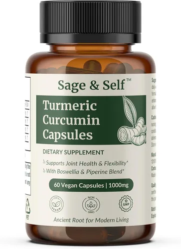 Sage & Self Cápsulas de curcumina de cúrcuma – 95% extracto de curcumina con jengibre, boswellia y pimienta negra – 1000 mg por porción – Suplemento