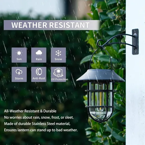 Miniatura 4 de Farol solar colgante para exteriores, luces solares impermeables de metal para exteriores con vidrio transparente, bombillas LED Edison decorativas