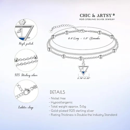 Miniatura 42 de CHIC & ARTSY Tobilleras de plata de ley S925 para mujer, pulsera de tobillo ajustable multicapa para playa, joyería de verano para mujer, de 10 a 11