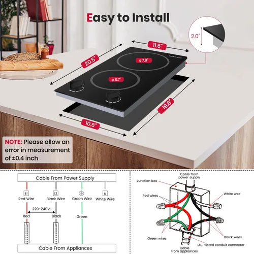 Miniatura 7 de GASLAND 12 Inch Built-in Electric Cooktop, 2 Burner 3000W Radiant Ceramic Stovetop CH30BS, 220-240V, 7 Power Levels, Knob Control, Hot Indicator