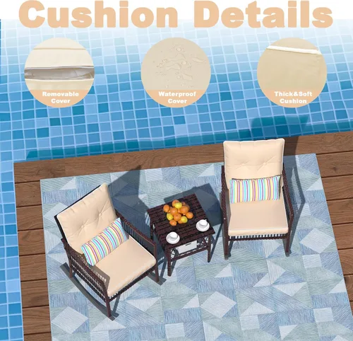 Miniatura 6 de DECMICO - Juego de muebles de patio de 3 piezas, juego de sillas mecedoras de mimbre, juego de bistró con mesa de café, juego de conversación