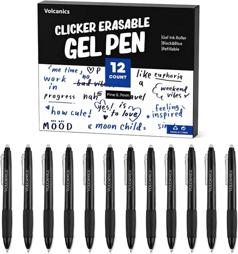Miniatura 15 de Volcanics Bolígrafos de Gel Borrables Retráctiles Clicker - Punta de Bola de 0.7mm, Borrado por Calor con Borrador Integrado, Paquete de 12 Negro